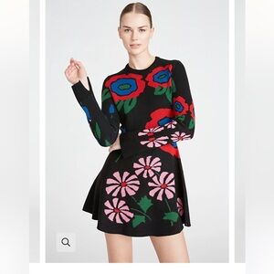 AMUR Nataly Merino Wool Fit and Flare Floral Jacquard Long Sleeve Sweater Dress